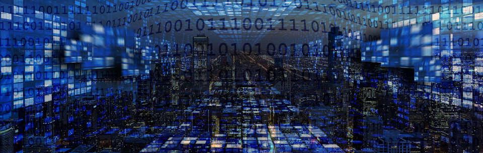 Binary technology in room with blue hues