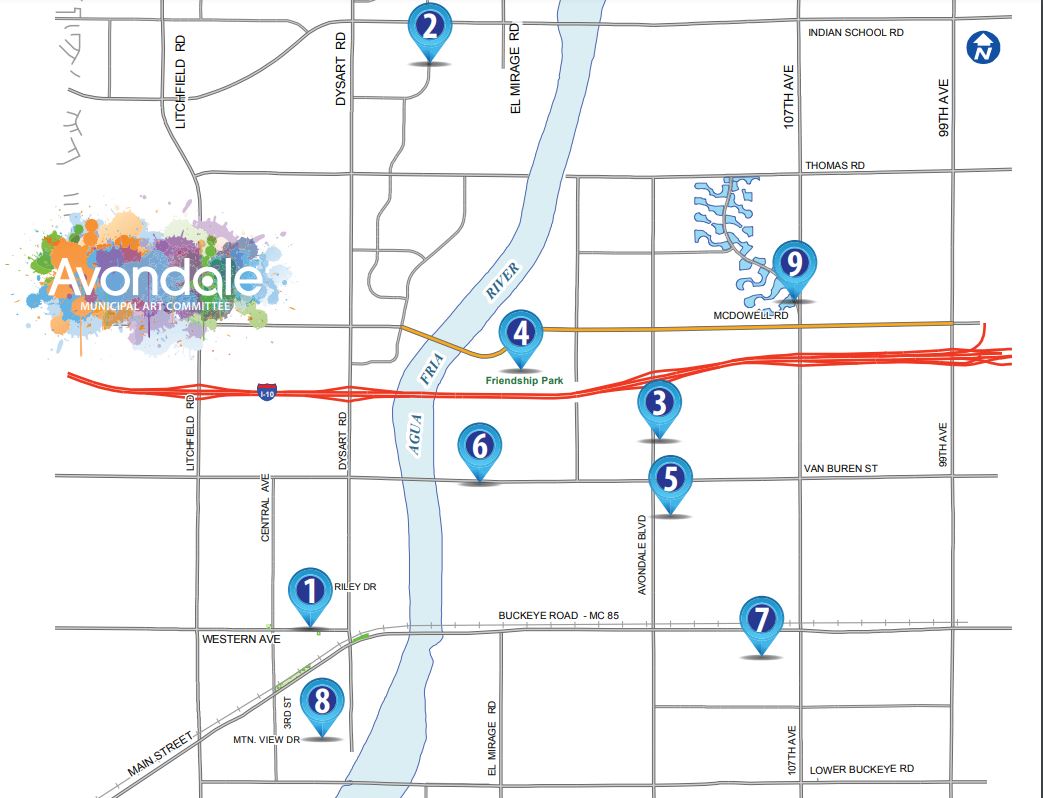art walk locations around Avondale map with numbers identifying art locations