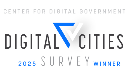 "Center for Digital Government Digital Cities 2025 Survey Winner" White background with black logo text and blue triangle and white check logo